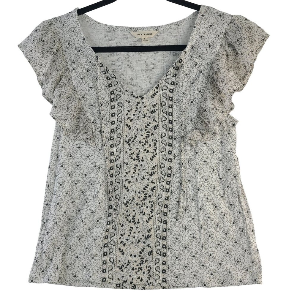Lucky Brand Womens Ruffle Sleeve Floral Printed Top Small